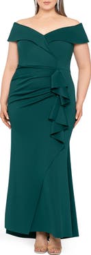 Xscape Evenings Off the Shoulder Ruffle Scuba Knit Gown