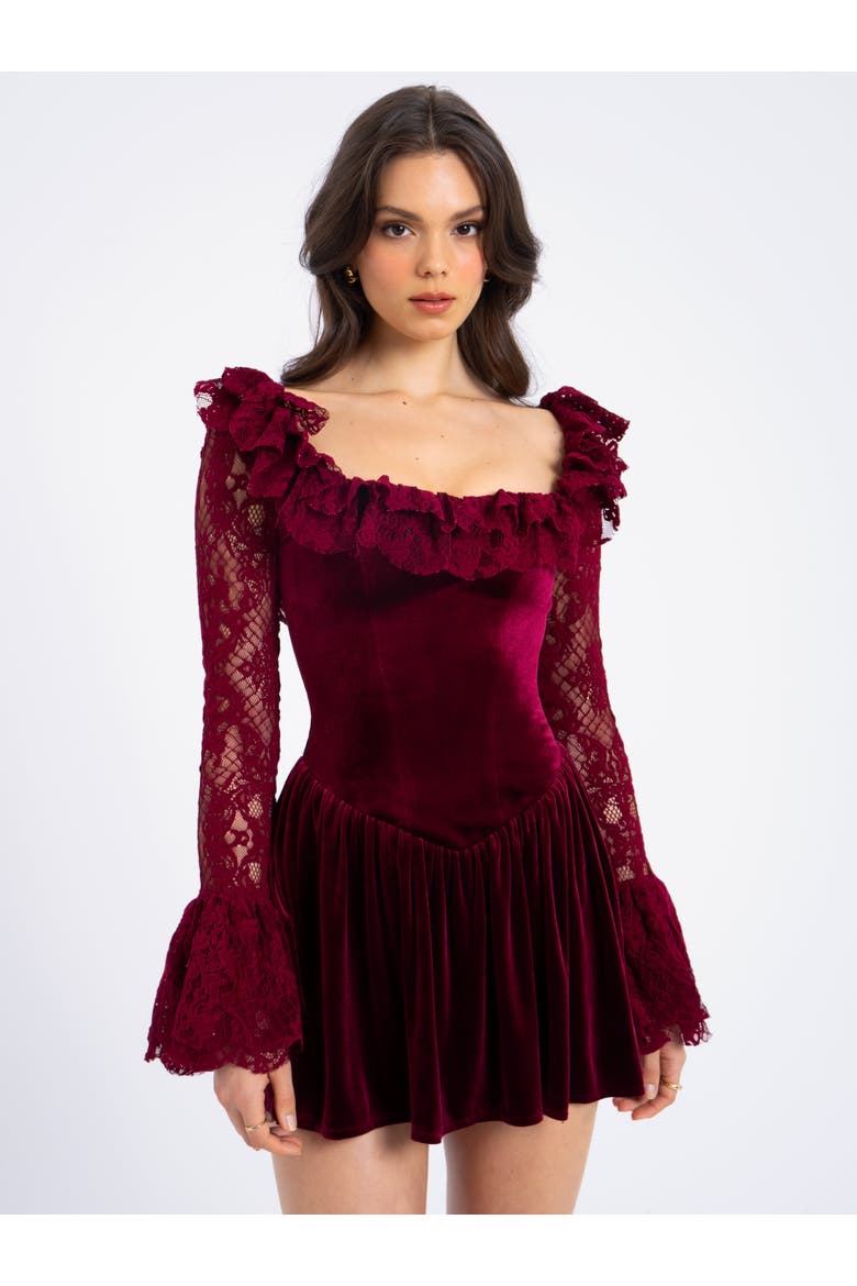 Yachira Velvet Lace Flare Sleeve Mini Dress, Alternate, color, Burgundy