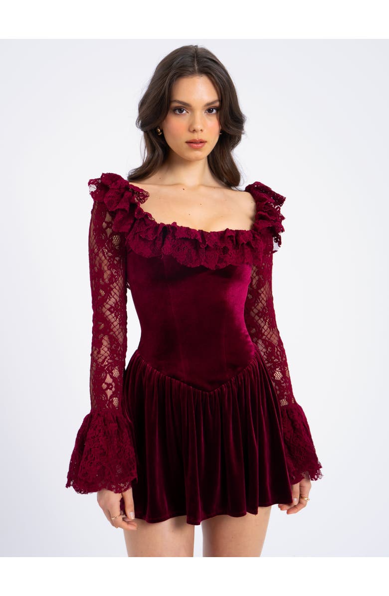Miss Circle Yachira Velvet Lace Flare Sleeve Mini Dress, Alternate, color, Burgundy