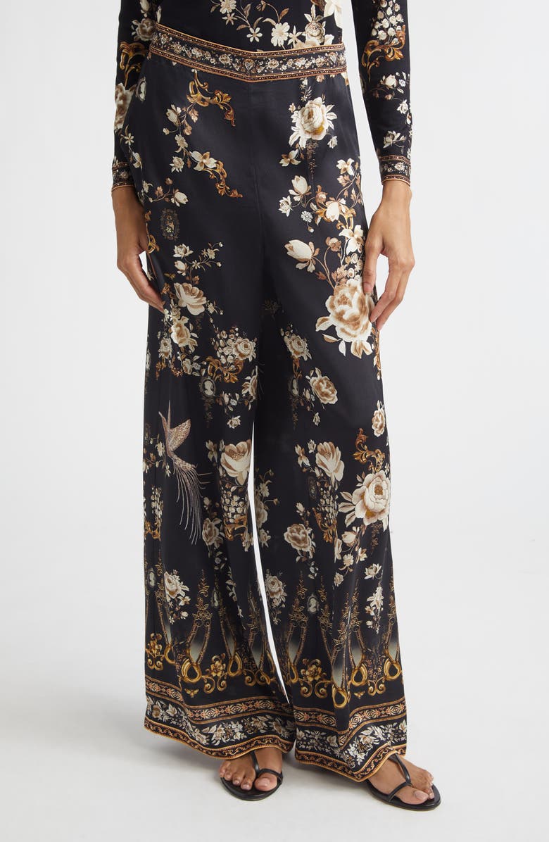Camilla Flamenco Folklore Print Relaxed Silk Straight Leg Pants, Main, color, Flamenco Folklore