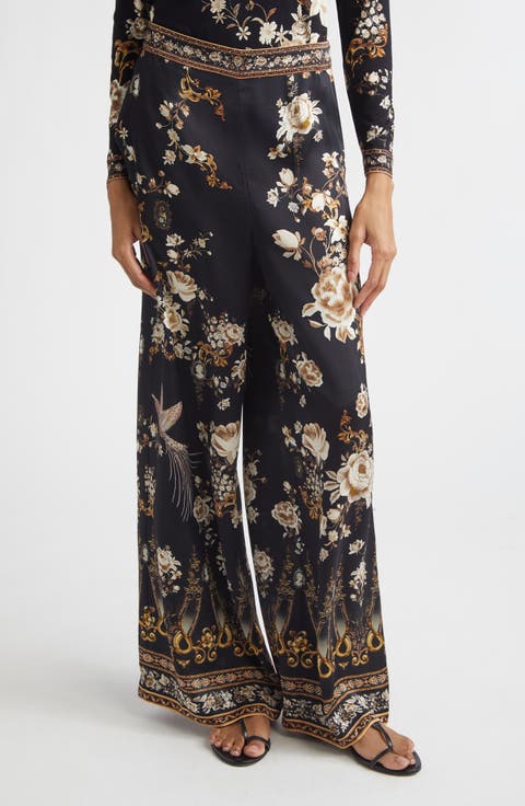 Flamenco Folklore Print Relaxed Silk Straight Leg Pants