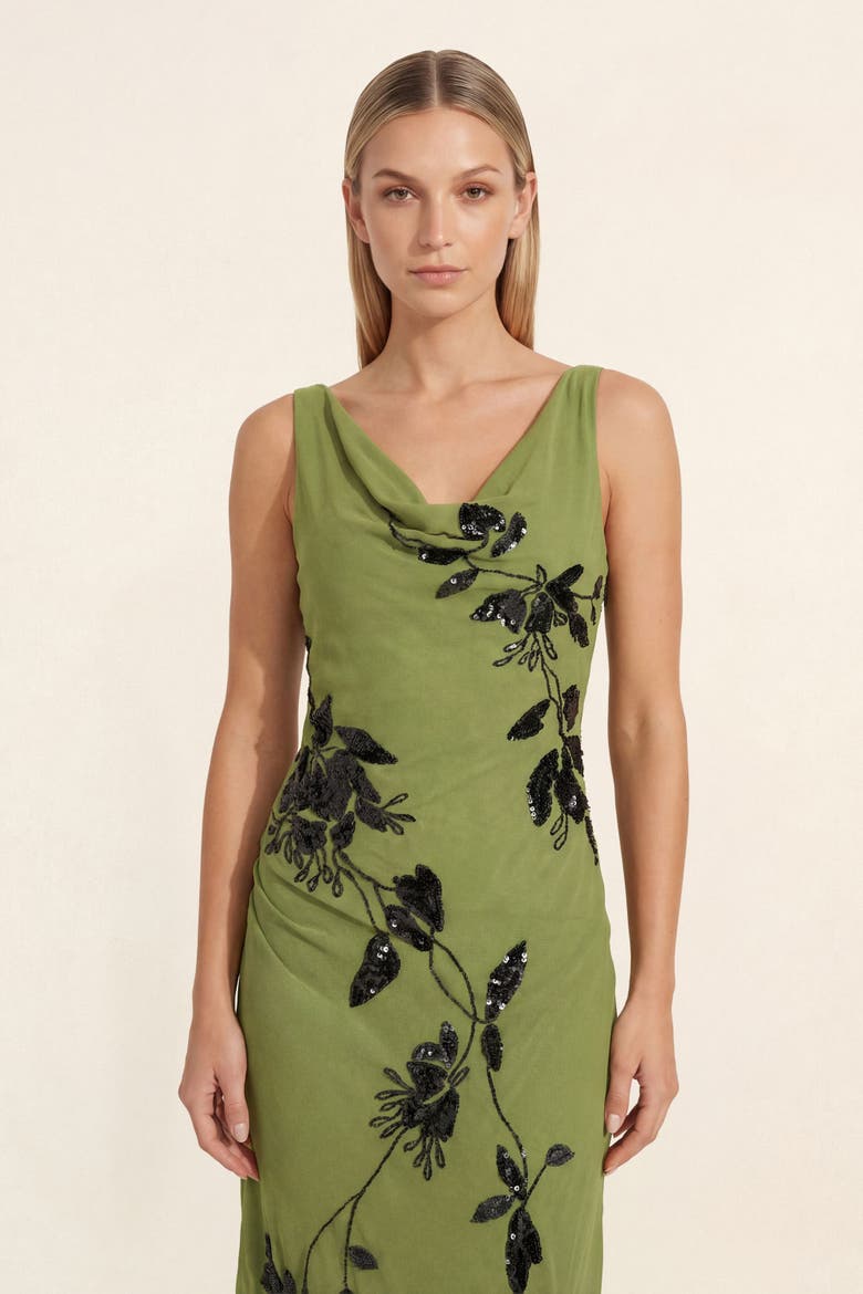 Cowl Embellished Ruched Side Maxi Dress, Alternate, color, Green