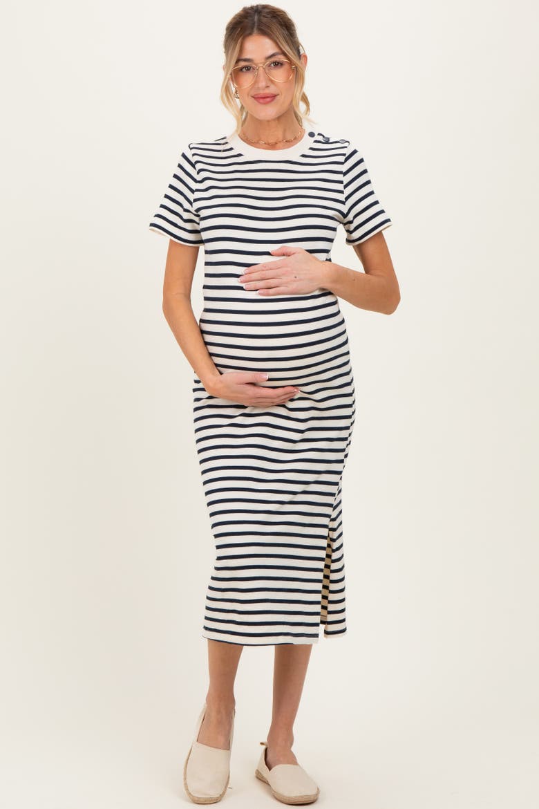 Striped Short Sleeve Midi Dress, Alternate, color, Navy Blue