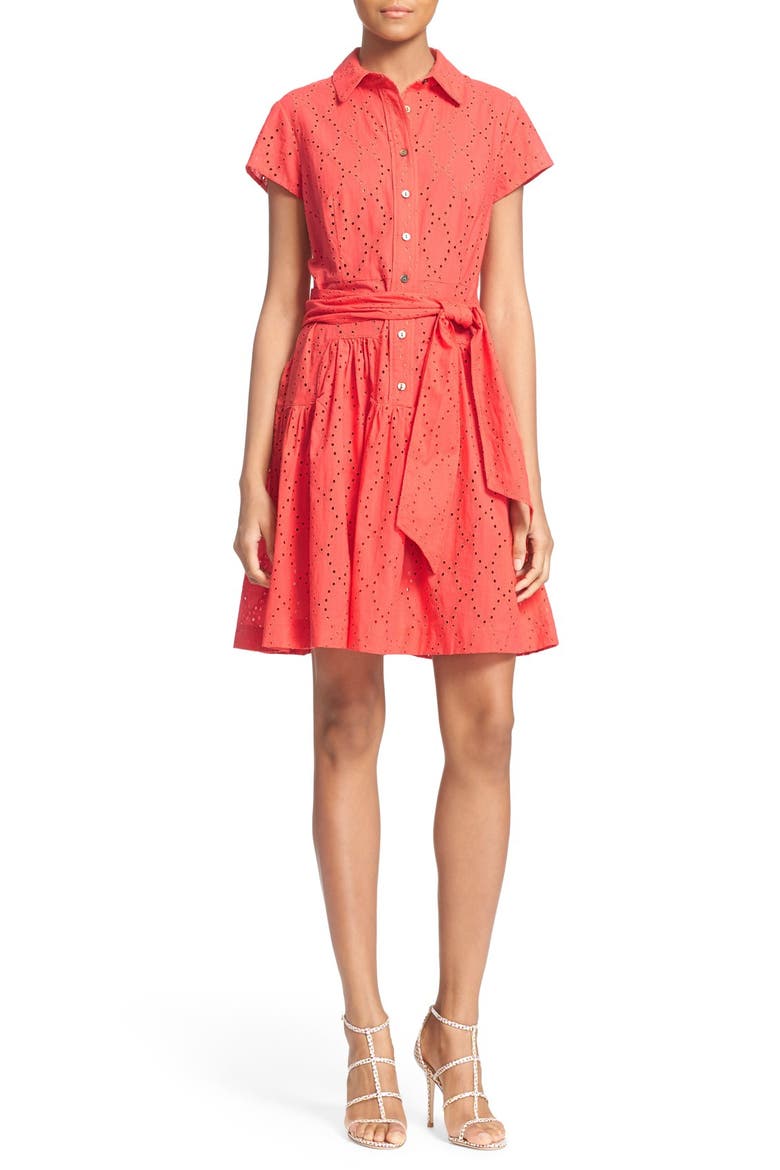 'Skylar' Eyelet Shirtdress, Main, color, OCEAN CORAL