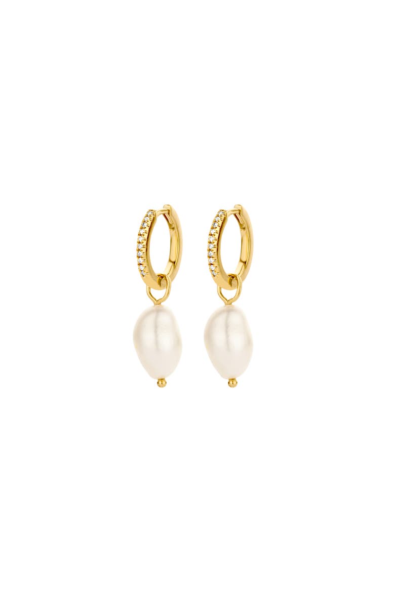 Endless Pearl Diamond Earrings | 20 natural diamonds - 2 freshwater pearls | 925 Sterling Silver | Earrings | Hoop | Yellow 18k-Gold Plated, Main, color, Yellow 18k Gold Plated