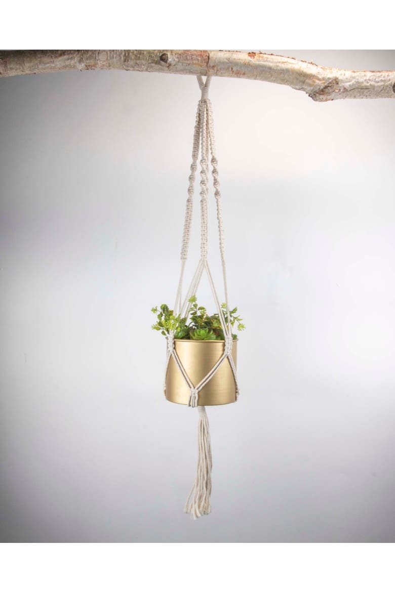 4.75" Macrame Rope Gold Metal Hanging Planter Cylinder Pot Indoor Hanging Planter, Alternate, color, Gold