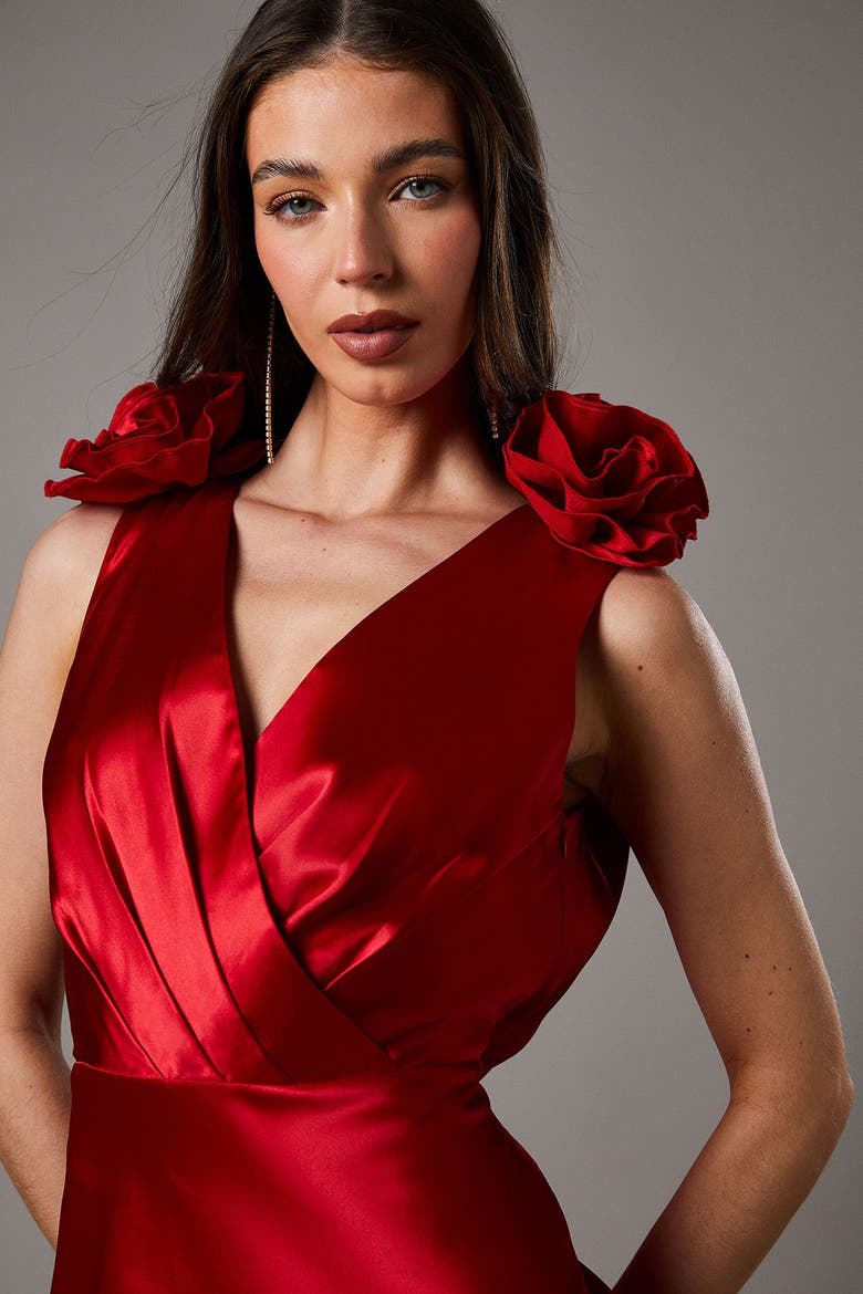 Corsage Satin V-Neck Maxi Dress, Alternate, color, Red