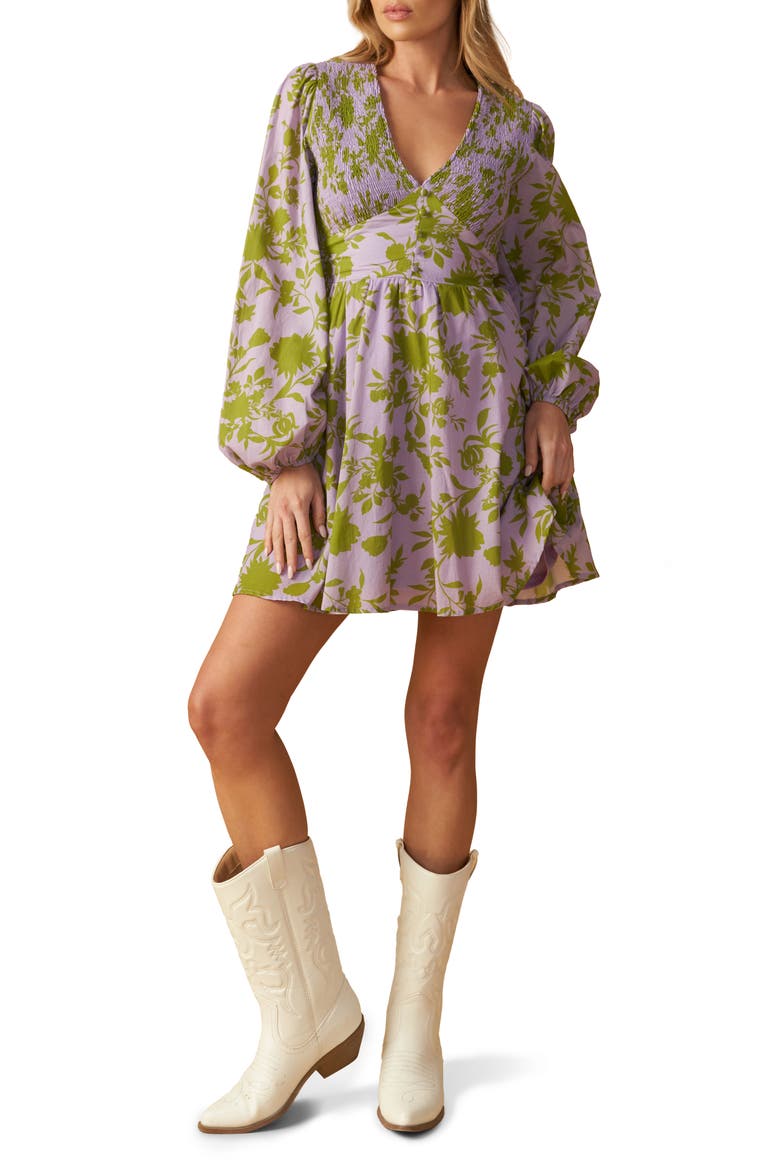Floral Print Long Sleeve Babydoll Dress, Main, color, LAVENDER