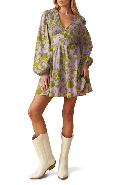 Floral Print Long Sleeve Babydoll Dress
