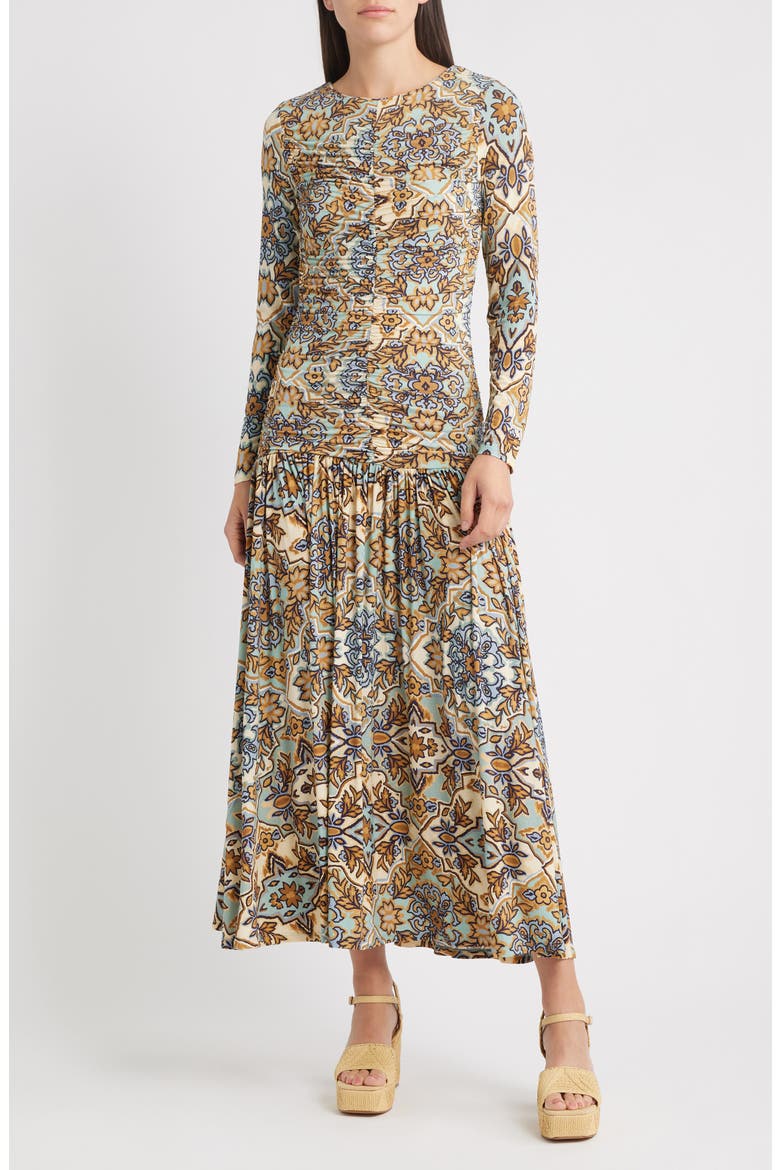 Winter Tapestry Long Sleeve A-Line Dress, Main, color, BLUE