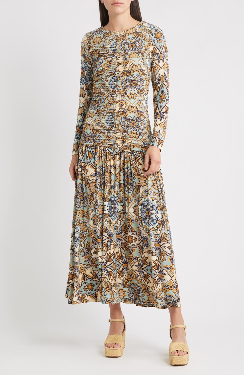 FARM Rio Winter Tapestry Long Sleeve A-Line Dress, Main, color, Blue