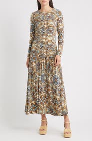 FARM Rio Winter Tapestry Long Sleeve A-Line Dress