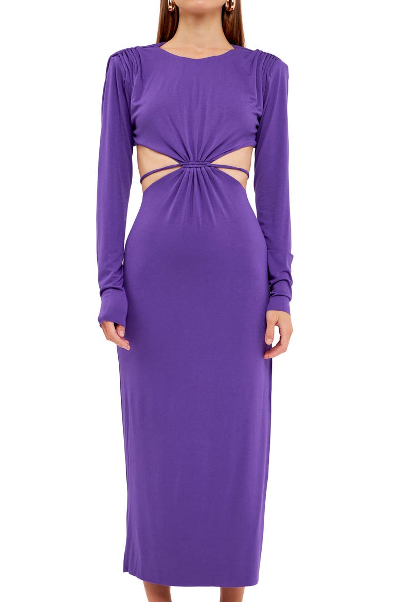 Cutout Waist Long Sleeve Cotton Dress, Alternate, color, PURPLE