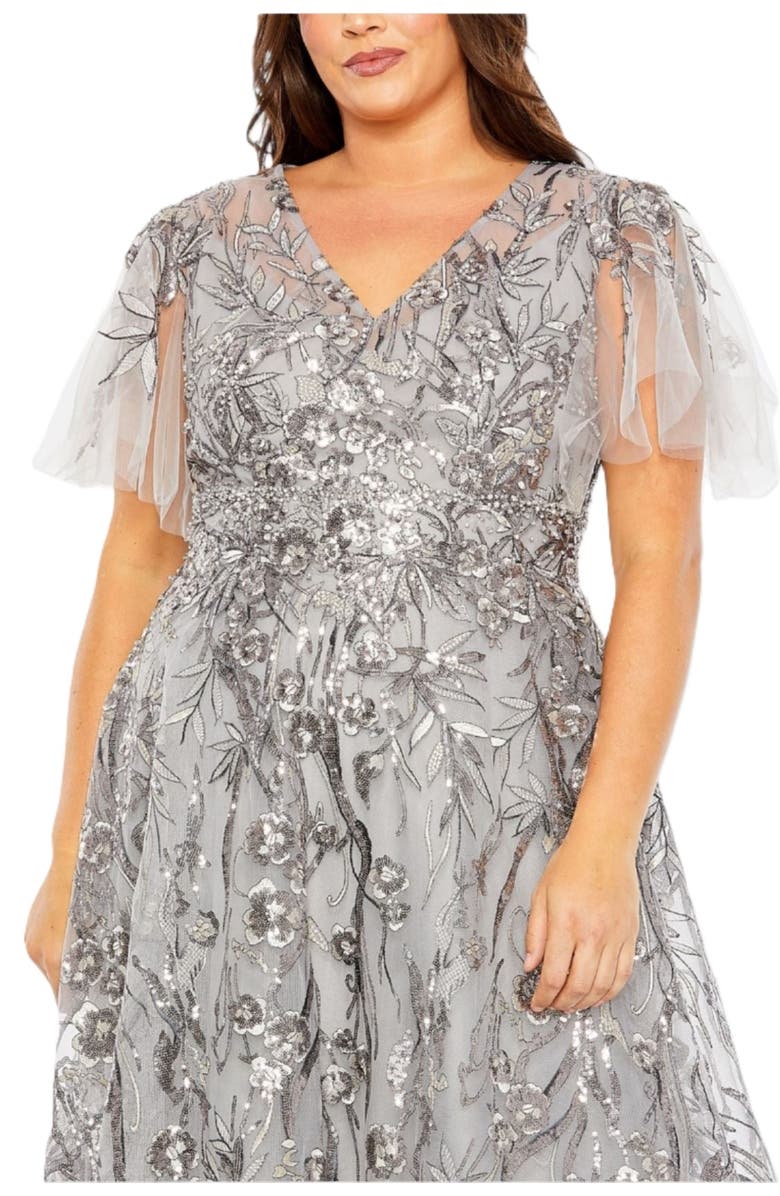 Mac Duggal High Neck Flutter Sleeve Embellished A-Line Gown, Alternate, color, 