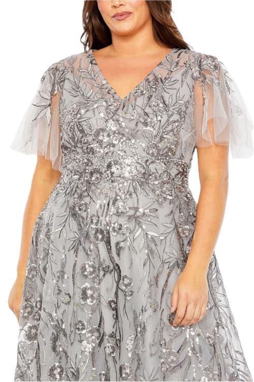 Mac Duggal High Neck Flutter Sleeve Embellished A-line Gown In Platinum