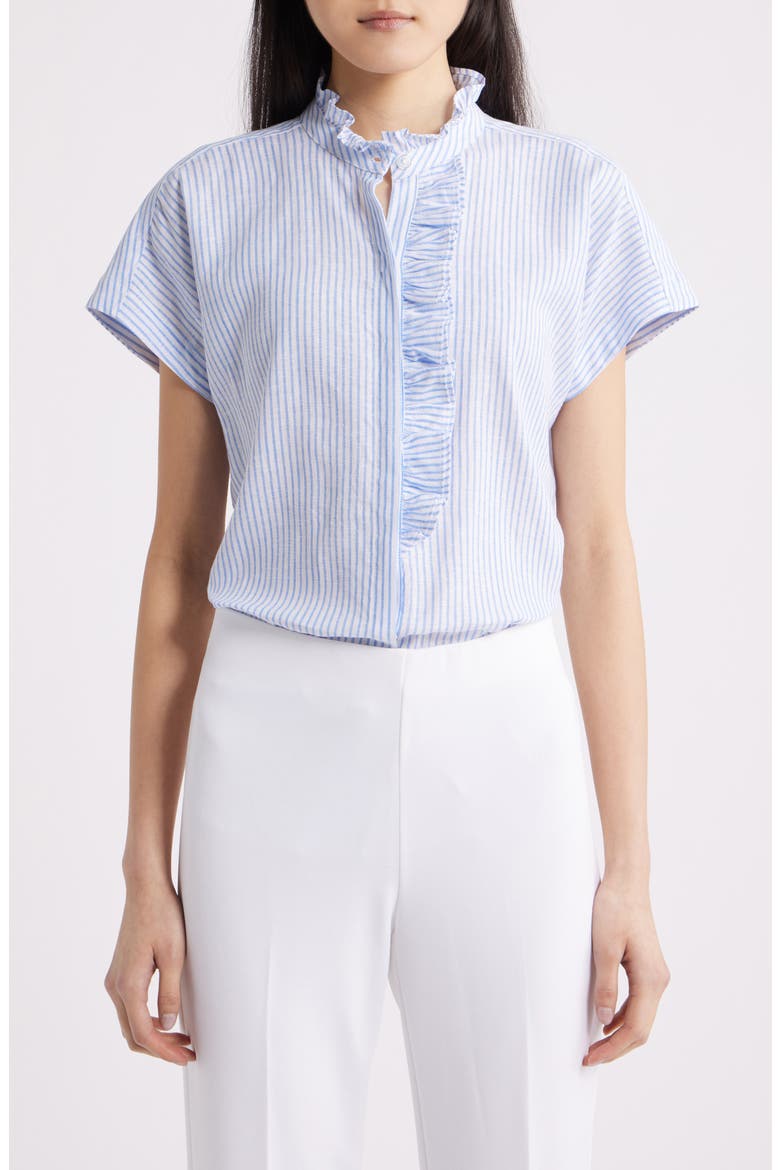 Pinstripe Ruffle Trim Linen Blend Button-Up Top, Main, color, LAGOON/ CRISP WHITE
