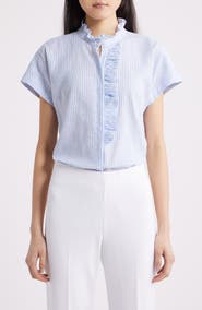 Anne Klein Pinstripe Ruffle Trim Linen Blend Button-Up Top