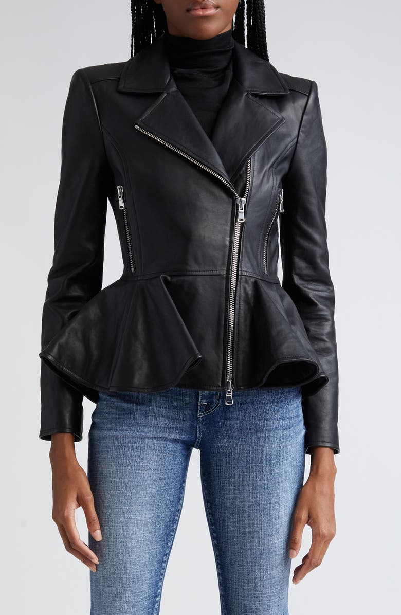 L'AGENCE Lyric Peplum Leather Biker Jacket, Main, color,
