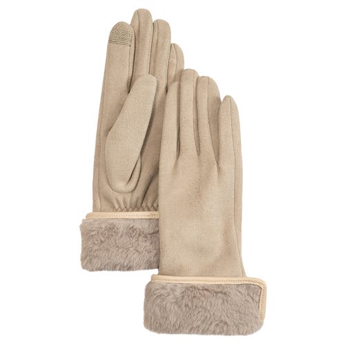 Echo Stretch Suede Fold-up Faux Fur Cuff Gloves In Neutral