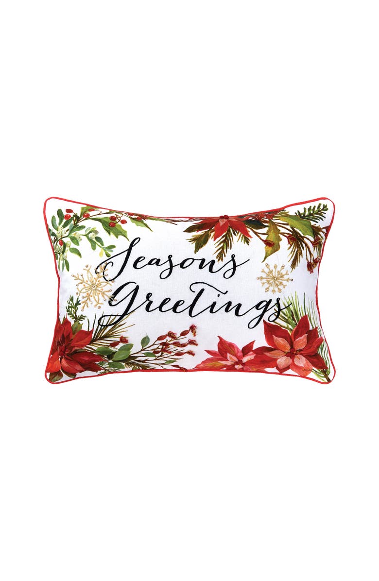 C&F Home Seasons Greetings Poinsettia Printed and Embroidered Christmas Throw Pillow, 14" x 22", Main, color, White