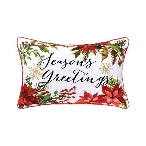 Seasons Greetings Poinsettia Printed and Embroidered Christmas Throw Pillow, 14" x 22"