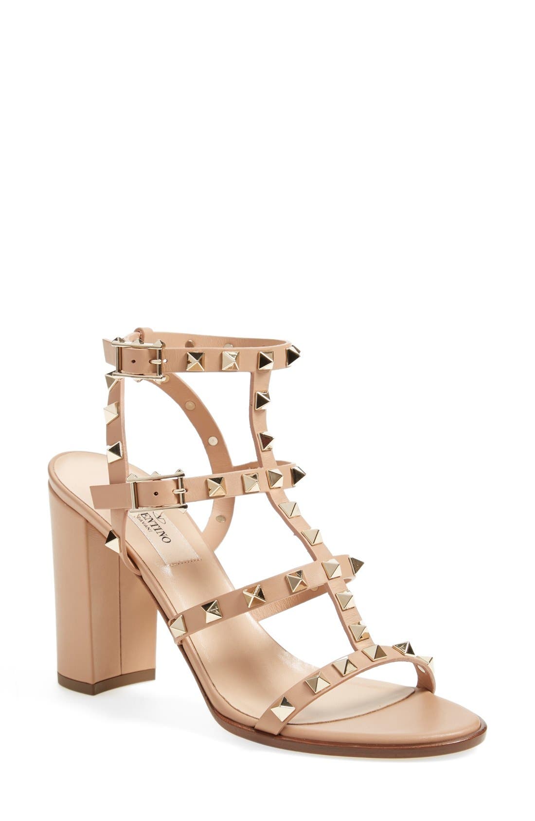 'Rockstud' T-Strap Sandal, Main, color, BEIGE LEATHER