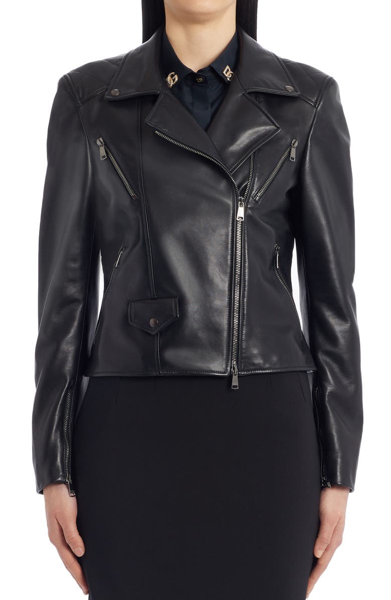 Dolce&Gabbana Crystal Logo Leather Biker Jacket, Alternate, color, 