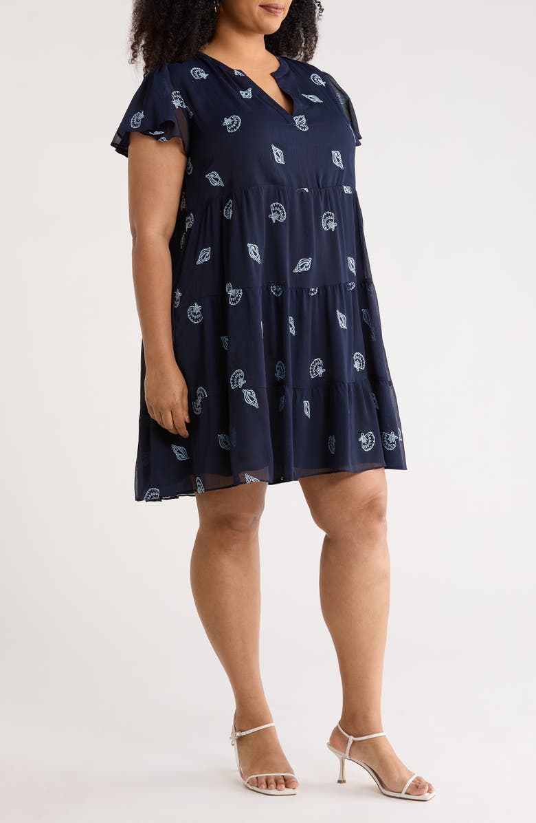 CeCe Embroidered Flutter Sleeve Dress, Alternate, color, Classic Navy