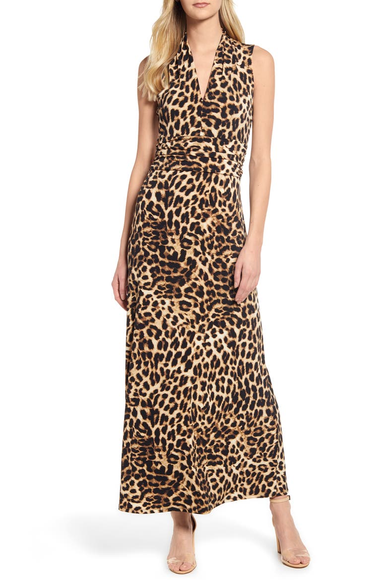 Exotic Animal Print Halter Neck Maxi Dress, Main, color, 060-RICH BLACK