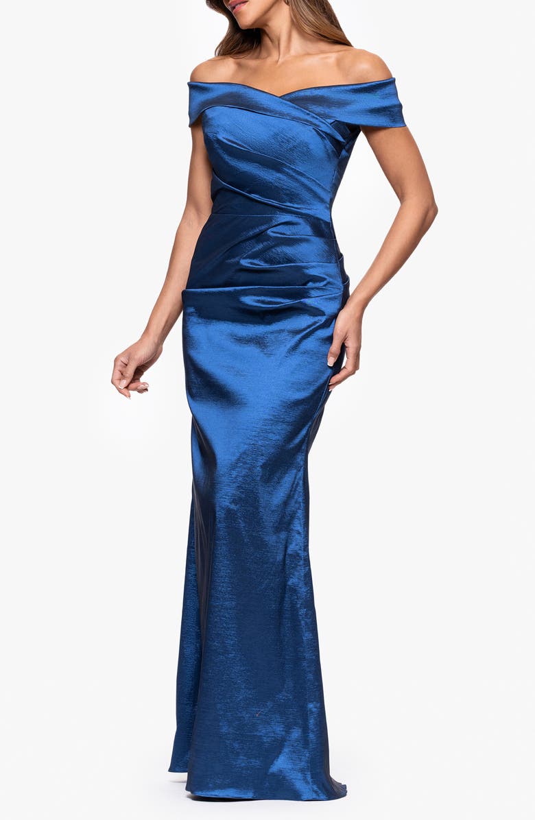 Xscape Evenings Off the Shoulder Taffeta Sheath Gown, Main, color, Indigo