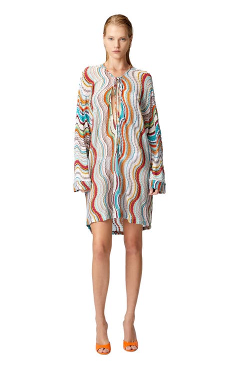 Long-sleeved Cover-up Kaftan With Lamé Wave Motif