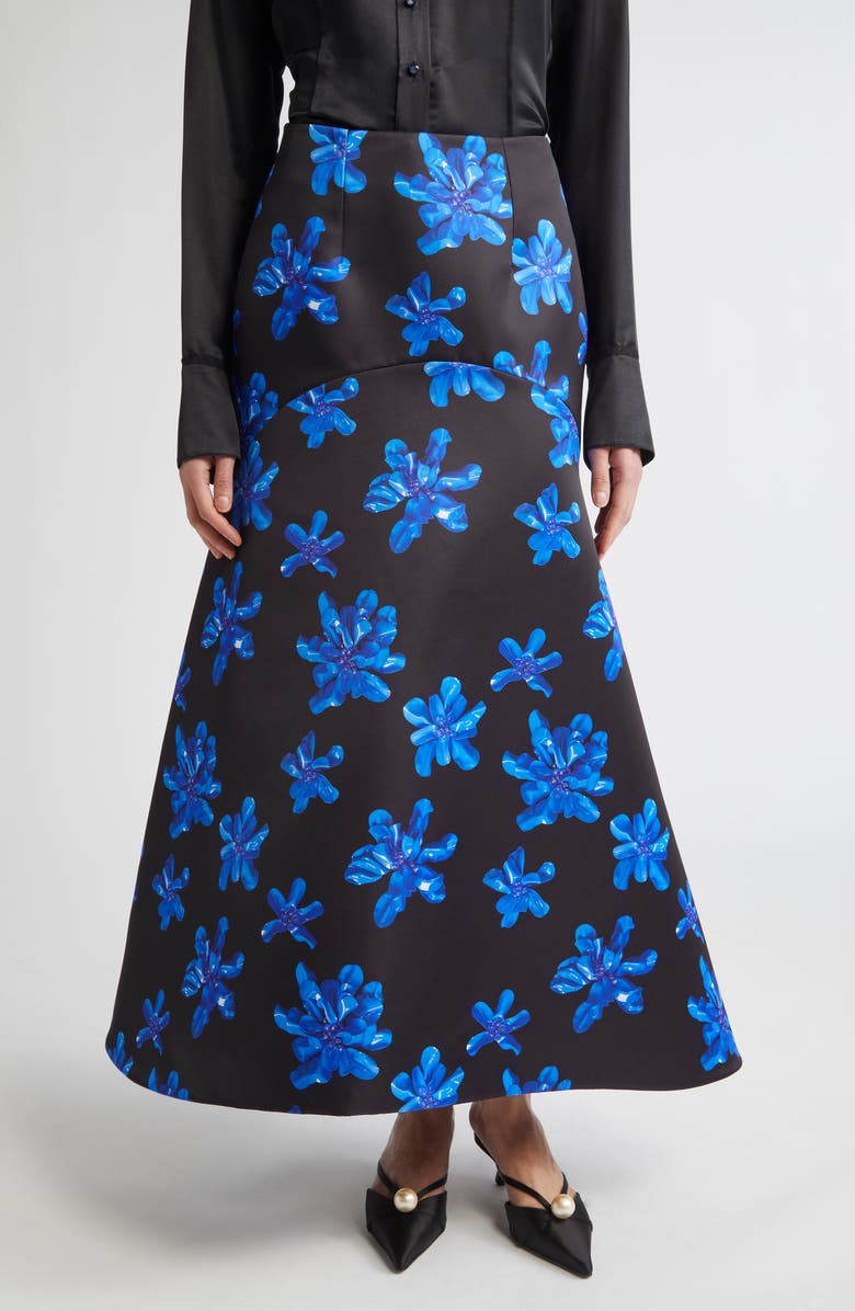 Emilia Wickstead Tamilla Floral Genzianella Mermaid Skirt, Main, color, Electric Blue Floral On Black