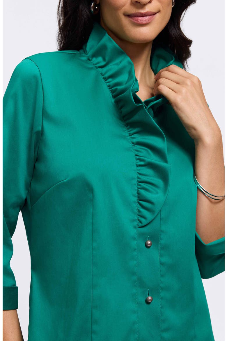 Edith Ruffle Button-Up Shirt, Alternate, color, EMERALD