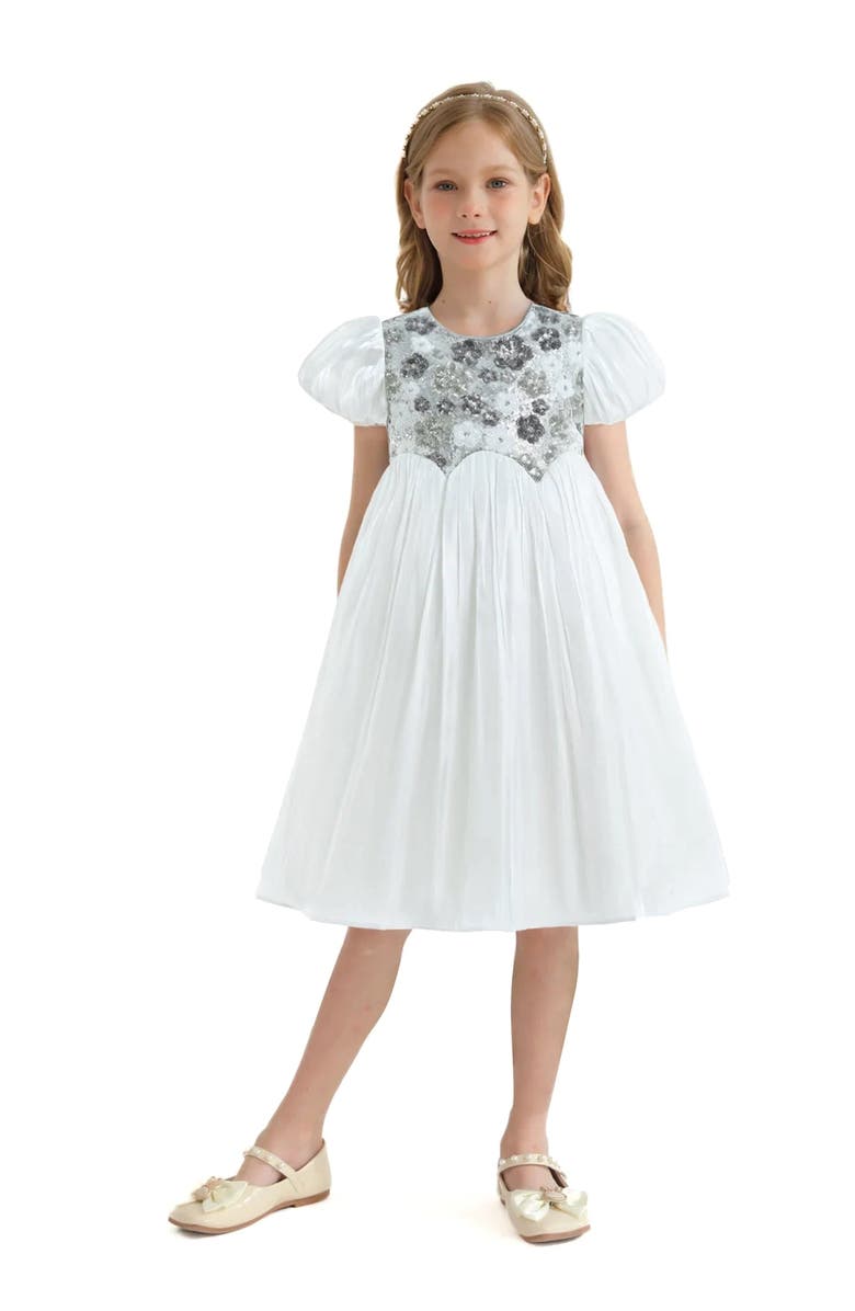 Tulleen Sequin Floral Bodice Dress, Main, color, White