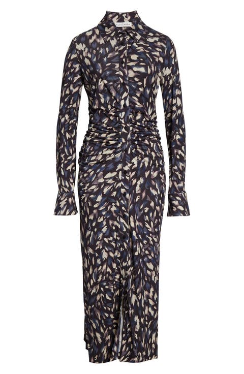 Claudia Print Ruched Long Sleeve Jersey Shirtdress