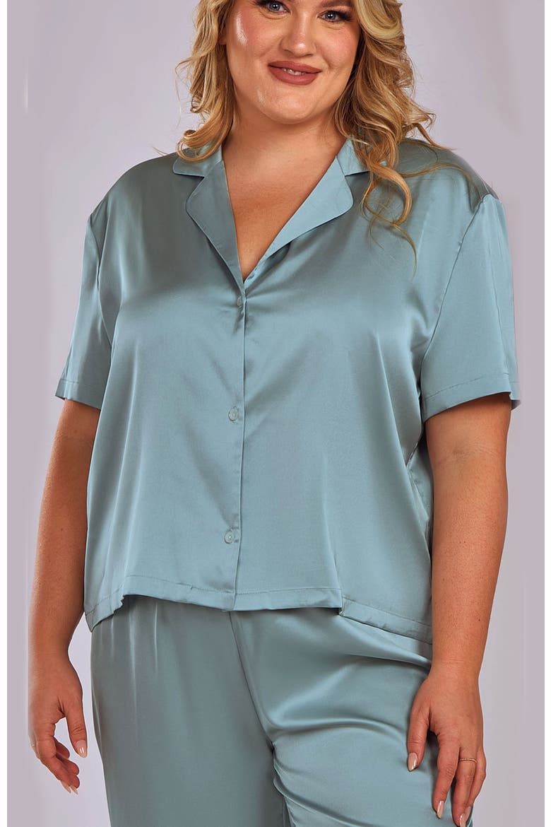 Stretch Satin Pajama Set with Button-Down Top, Alternate, color, Sage