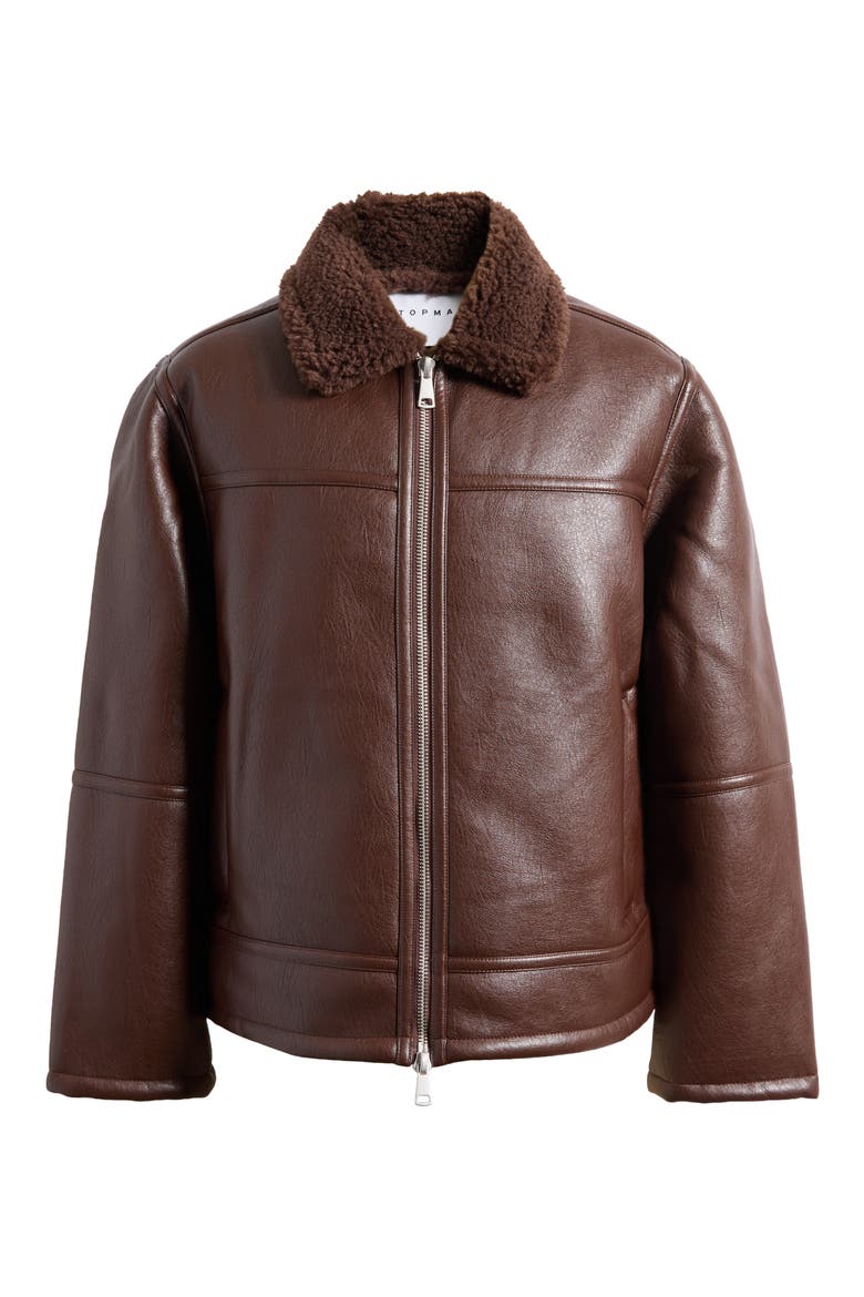 Faux Shearling & Faux Leather Bomber Jacket, Alternate, color, BROWN