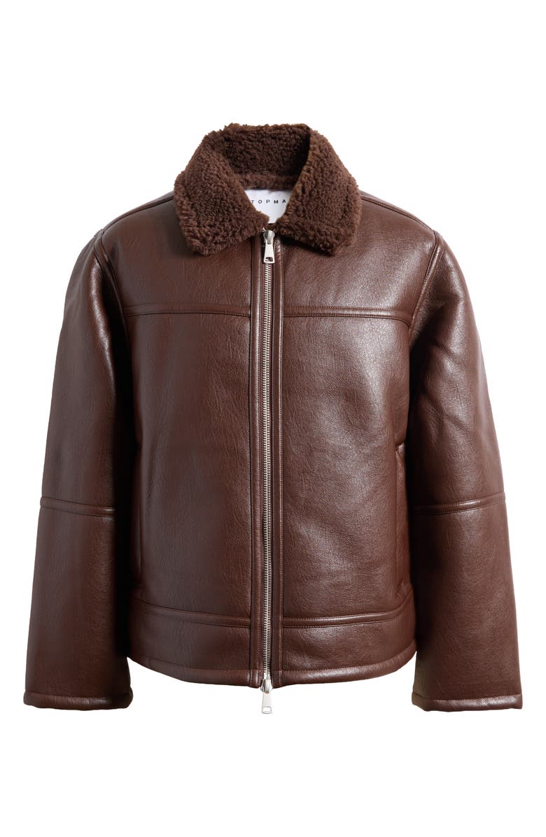 Topman Faux Shearling & Faux Leather Bomber Jacket, Alternate, color, Brown