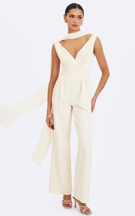 Harper Ruched V-Neck Jumpsuit with Scarf