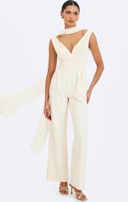 Miss Circle Harper Ruched V-Neck Jumpsuit with Scarf