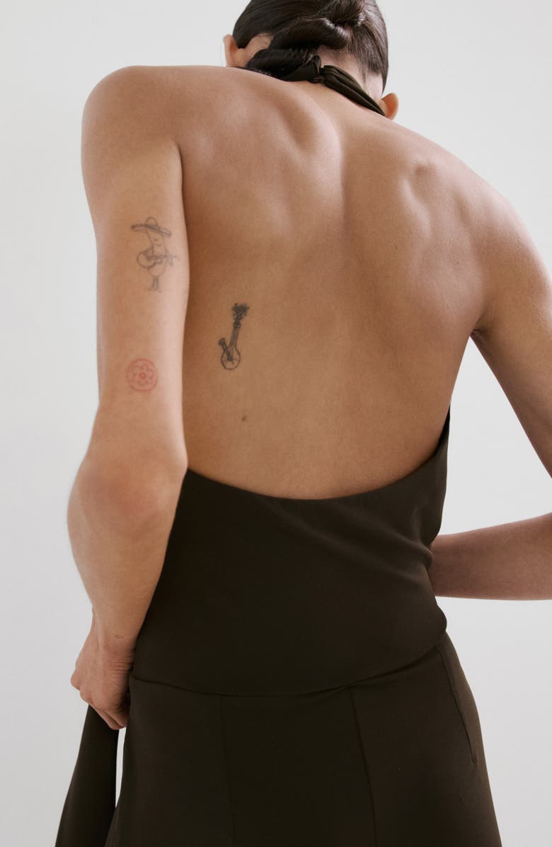 MANGO Halter Tie Waist Wide Leg Faux Wrap Jumpsuit, Alternate, color, Brown