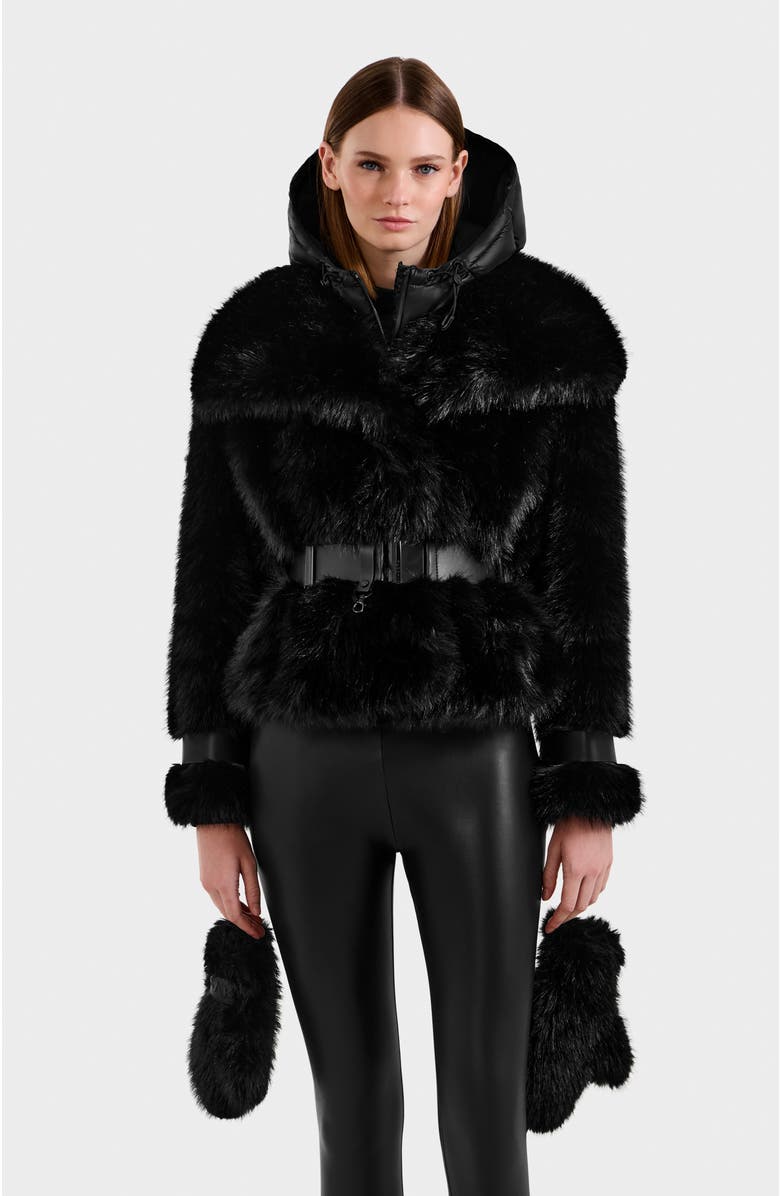 Rudsak Chloe Faux Fur Jacket with Puffer Hood, Main, color, Black