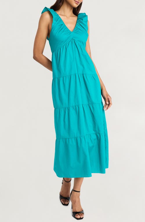 The Good Journey Ruffle Strap Empire Waist Tiered Cotton Midi Dress In Blue