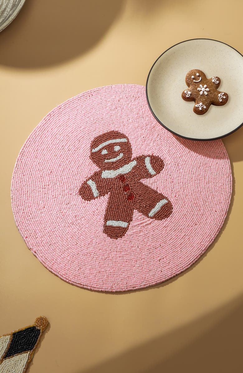 Tiramisu Gingerbread Man Beaded Placemat, Alternate, color, Pink/ Brown