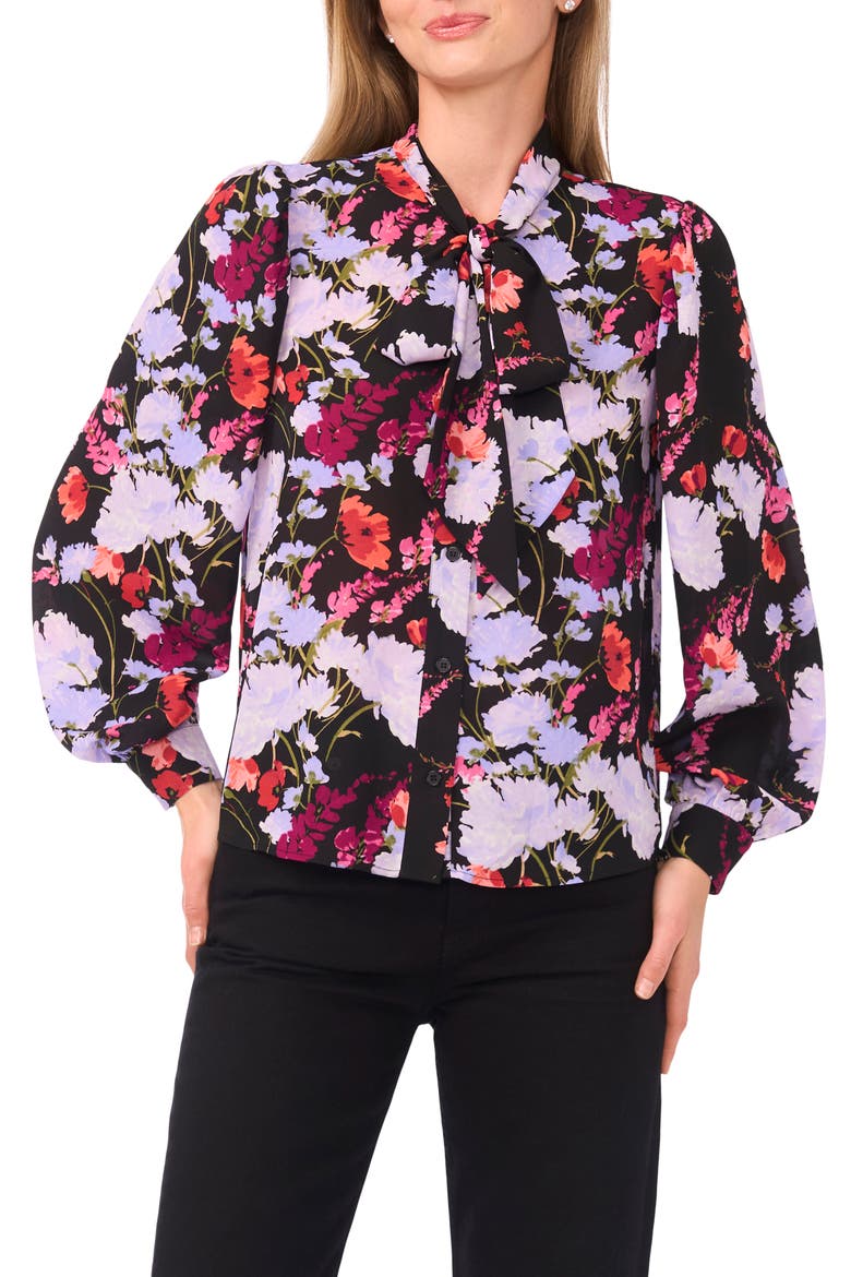 Floral Tie Neck Long Sleeve Button-Up Top, Main, color, RICH BLACK
