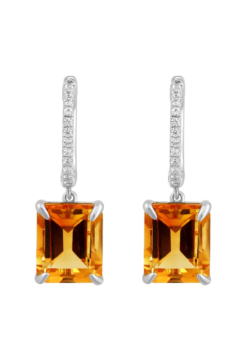 925 Sterling Silver Emerald Cut Citrine & White Sapphire Drop Earrings, Alternate, color, Sterling Silver