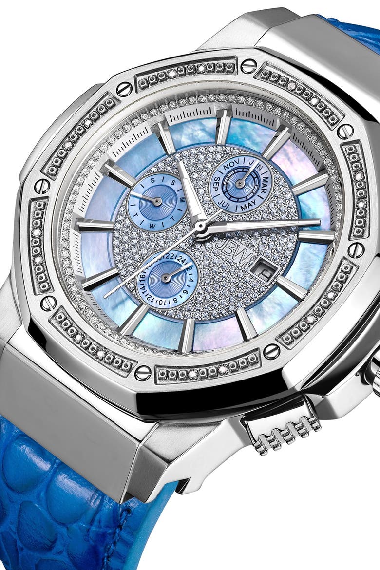 Men's Saxon Diamond Croc Embossed Leather Strap Watch, 48mm - 0.16 ctw, Alternate, color, SILVER