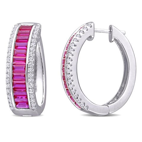 Lab-Created Ruby & White Sapphire Hoop Earrings