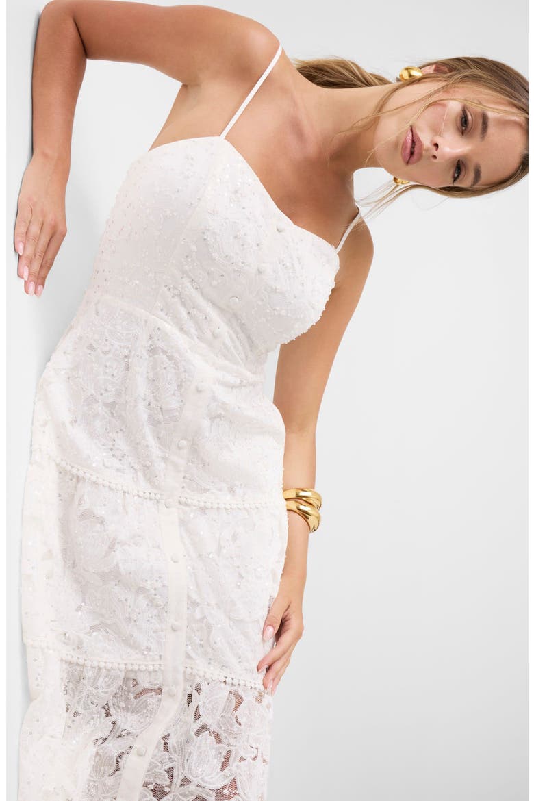 Evelyn Beaded Lace Tiered Midi Dress, Alternate, color, WHITE