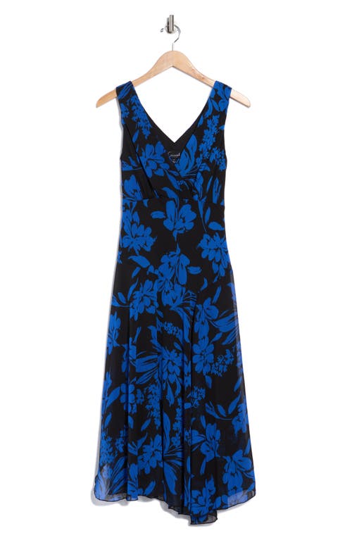 Connected Apparel Floral Asymmetric Hem Midi Dress In Blue